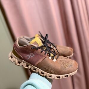 On Running Tan and Yellow Sneakers